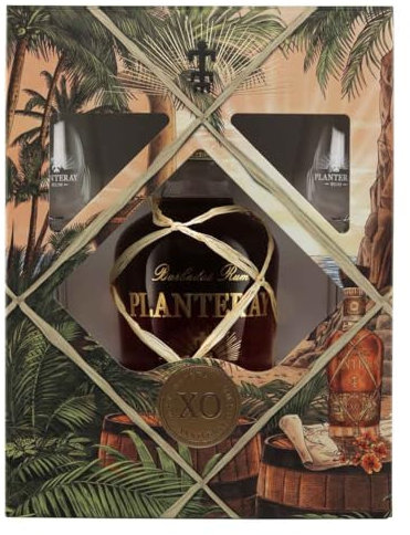 PLANTERAY RUM - XO 20th Anniversary Coffret - Bouteille 70 cl + 2 verres - Rhum Vieux Ambré - Origine : Barbades - Notes de Vanille, Cacao & Epice - 40% Alcool