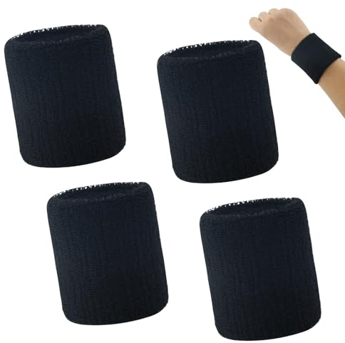 4 Pack Black Sweatbands Sports Wristband Cotton Sweat Band for Men and Women, Good for Tennis, Basketball, Running, Gym