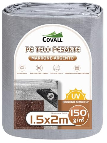 COVALL Telone 150g/㎡, misura pescato 1.5×2m, copertura per telo impermeabile resistente con occhielli rinforzati, telo resistente ai raggi UV, (Argento/Marrone)