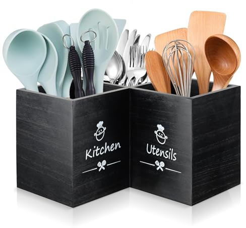 Aenmido Kitchen Utensilhalter mit Entwässerungboden, Holz Utensil Organizer, große 3 Fächer Küchenutensilien Organizer Stabiler Besteckhalter für Küchenarbeitsplatte