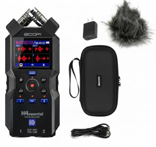 Zoom H4essential 4-Track 32-Bit Float Portable Audio Recorder Bundle with Zoom APH-4e Accessory Pack with Hairy Windscreen, Padded Shell Case, AC Adapter, & USB C-Cable