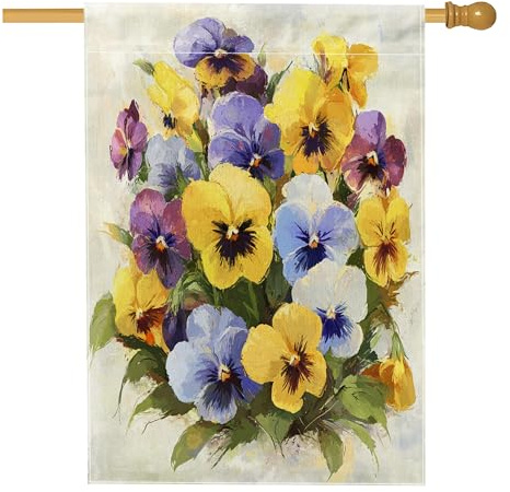 Bandera de casa de flores de pensamiento de primavera de 28 x 40 pulgadas, doble cara para decoración exterior, acuarela, flores, plantas, patio, lona, bandera para el hogar, patrón botánico al aire