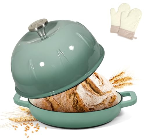 Davivy Forno olandese in ghisa smaltata per pane a lievitazione naturale, pentola olandese con coperchio a cupola – con guanti da forno, verde sale marino