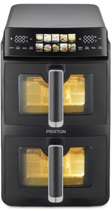 PRIXTON Vertikal Varmluftsfritös 10 L med Dubbel Korg 5 L + 5 L, 2600 W, Air Fryer utan olja med 2 oberoende Korgar, LED-pekskärm, 10 Program, 80–200 °C, Fönster och Belysning