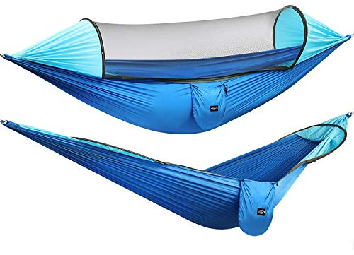G4Free Large Camping Hammock with Mosquito Net 2 Person Pop-up Parachute Lightweight Hanging Hammocks Tree Straps Swing Bed for Outdoor Backpacking Backyard Hiking (Blue/Light Blue)