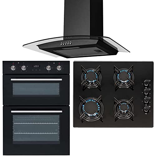 SIA 60cm Black Built In Double Oven, 4 Burner Gas Hob & Curved Glass Hood Fan
