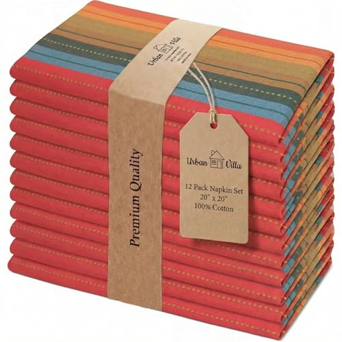 Urban Villa Cloth Napkins Cuisine Stripes 100% Cotton Absorbent Dinner Napkins Set of 12 20x20 Inches Red Multi Color Soft Durable Washable and Reusable Ideal for Everyday Use Wedding Parties Napkins