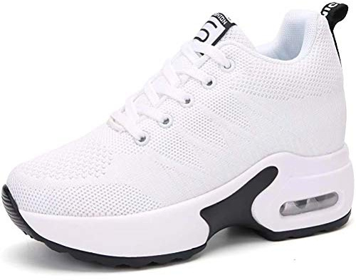 AONEGOLD Baskets Femmes Compensees Chaussure de Sport Gym Fitness Jogging Voyage Respirantes Mode Sneakers Coussin d'air Basses Compensée Plateforme Talon de 2786 8.5 cm Blanc 35 EU