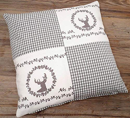 Kissen-Bezug in 40x40 cm für Deko-Kissen Sofa-Kissen - Baumwolle Kissen-Hülle RESI im karierten Landhaus-Stil Hirsch grau weiß - Waschbarer Reißverschluss Zierkissen-Bezug für Couchkissen