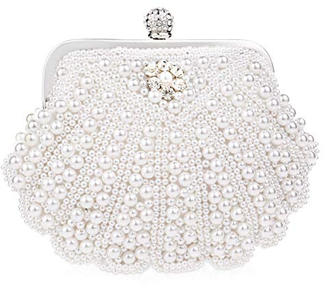 NICOLE & DORIS Cartera de Mano Fiesta, Clutch Mujer Bolso al Hombro para Mujer Retro Beaded Perlas Bolso de Noche Bolso de Embrague para Ceremonia Boda Novia Blanco