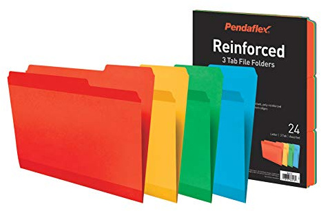Pendaflex Lot de 24 chemises de classement renforcées, extra durables, bords renforcés, couleurs assorties, format lettre, onglets de coupe 1/3, 24 par paquet (86213)
