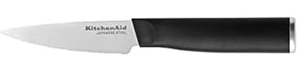 KitchenAid Classic Serrated Paring Knife with Custom-Fit Blade Cover, 3.5-inch, Sharp Kitchen Knife, High-Carbon Japanese Stainless Steel Blade, Black