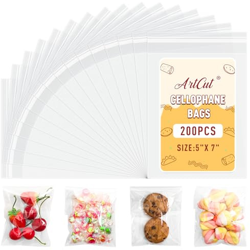 ARTCUT 200 Pcs Cellophane Bags, 5 X 7 Cookie Bags, Self-Adhesive Opp Bag
