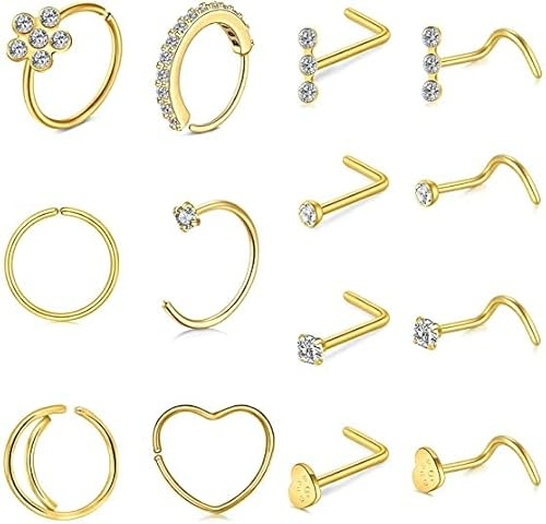 Mayhoop 20g Piercing Nez L Forme Piercing pour le Nez Acier Chirurgical Diamant Coeur Hypoallergénique Nostril Nez Piercing Bijoux pour Femmes Hommes Or