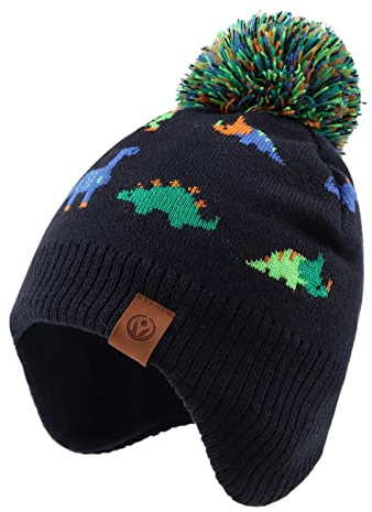 XIAOHAWANG Knitted Baby Hat Winter Warm Boys Girls Beanie Fleece Lining Toddler Kids Hat with Pompom (Colorful Dinosaur Hat, L)