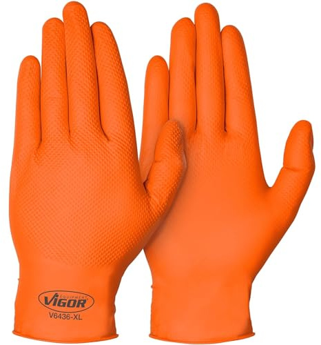 Guantes de nitrilo ViGOR V6436-XL 90 unidades I Excelente adherencia, incluso al manipular aceite, grasa, productos químicos y suciedad I Guantes para pantallas táctiles I Color: naranja (XL)