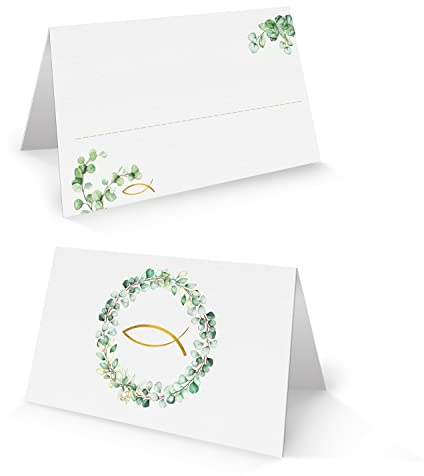 Cartes marque place, Lot de 24: Porte-noms pour baptême, mariage ou communion, avec eucalyptus et poisson doré pour table festive, personnalisables pour invités, décoration chrétienne, 8,5 x 5,5 cm