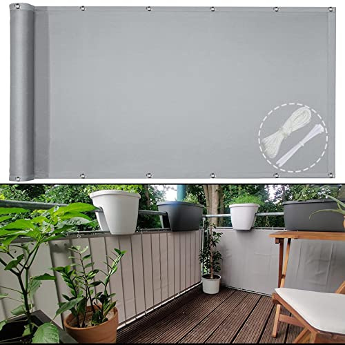 Balkonginsynsskydd 70 x 500 cm, balkongskydd, ogenomskinliga balkongspänningar, ogenomskinligt, vattentätt, vindtätt och UV-skydd för trädgård, balkong, terrass, med buntband och rep, ljusgrå