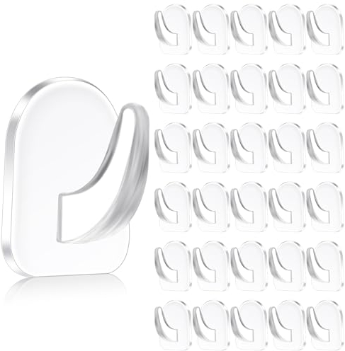 Sibba 30Pcs Clear Adhesive Wall Hooks for Hanging, Transparent Reusable Heavy Duty Hooks Acrylic Sticky Hangers with Non Marking Sticker for Kitchen Bathroom Bedroom Office