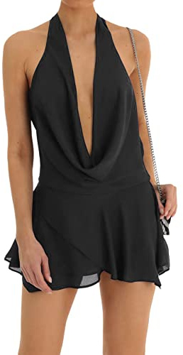 Loalirando Robe Courte Femme D'Été Sexy Bretelles Dos Nu Cocktail Col V Élégante Bodycon Sans Manches Mini Robe de Soirée, Noir, L