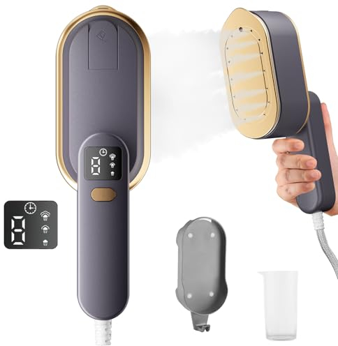 Fer à vapeur de voyage avec écran LCD, 10S, chauffage rapide, 2000 W, avec poignée rotative à 180°, défroisseur portable, 3 niveaux de vapeur pour les voyages, la maison, le bureau (Gris)