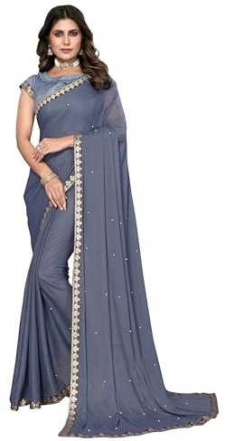 IMTRA FASHION Sari In Organza Semplice Per Donna Sari Con Bordo Indiano Con Pezzo Di Camicetta Non Cucito