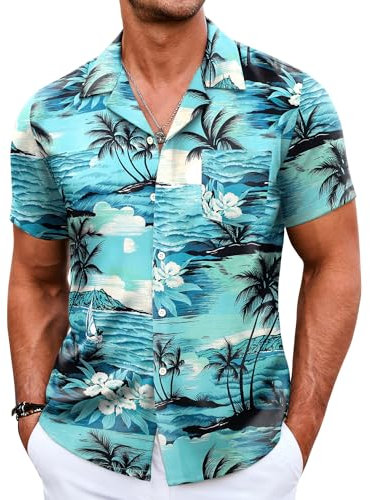 COOFANDY Hawaiihemd Herren Kurzarm Sommerhemd Bügelfrei Blumen Shirt Urlaub Party Strandhemd Kurzarmhemd Hellblau Kokospalme XL