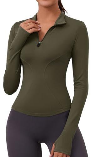 Rapbin Gym Tops Women Long Sleeve Sports T-Shirt Fitness Workout Yoga Tops Ladies Running Tee Shirts Half Zip Breathable Activewear with Thumb Holes Army Green M