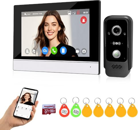 QTTYELOK Système d'interphone Vidéo WiFi 1080P HD Caméra de Sonnette Vidéo avec écran Couleur Câblé de 7 Pouces, Prise en Charge de la Vision Nocturne IR, Carte RFID/Tuya APP Unlock