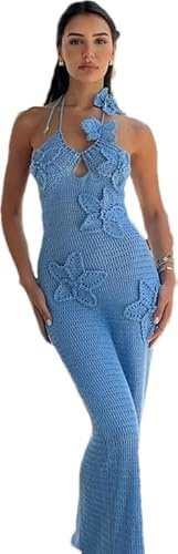 RanRui Women's Halter 3D Flower Knitted Hollow Out Beach Dress balckless Open Back Swimsuit Cover up Holiday Party Dress (US, Alpha, Small, Regular, Regular, Blue)