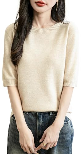 Chanyarn Femme 100% Lain Merino Manches Courtes Pull 2025 Printemps Été Hiver Doux Chaud Col Ras du Cou sans Couture Tricot Pull