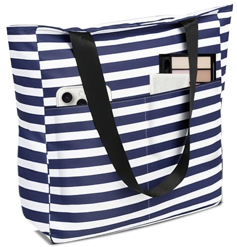 LEKEFETO Bolsa Grande de Playa con Cremallera - Impermeable, Plegable con Varios Bolsillos para Baño, Viajes, Vacaciones, Fitness - Rayas Azul Marino