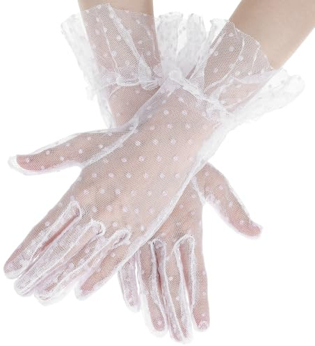 Grevosea White Lace Gloves, Women Short Lace Glove Bridal Gloves for Wedding Tea Party Costume Favors Evening Glove (White)