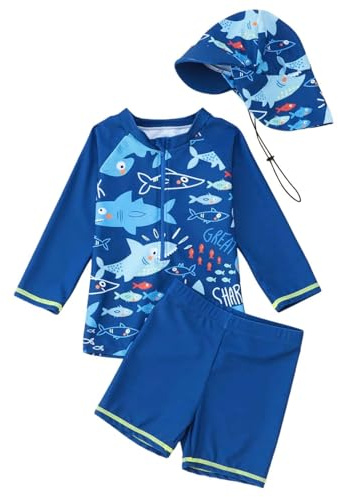 Maillot de bain enfant 98 - Maillot de bain pour garçons et enfants - Maillot de bain Rashguard à manches longues avec bonnet et maillot de bain - UPF 50+ - Tenue de soleil, de plage et de piscine