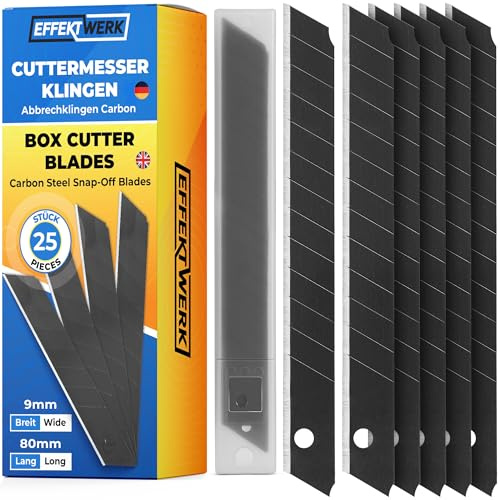 E•Werk - Box Cutter Blade Set - Black, 25 Pack - 9mm Utility Knife Replacement Blades - Heavy Duty Carbon Steel Snap Off Blades - Blade Refills for Utility Knives & Box Cutters