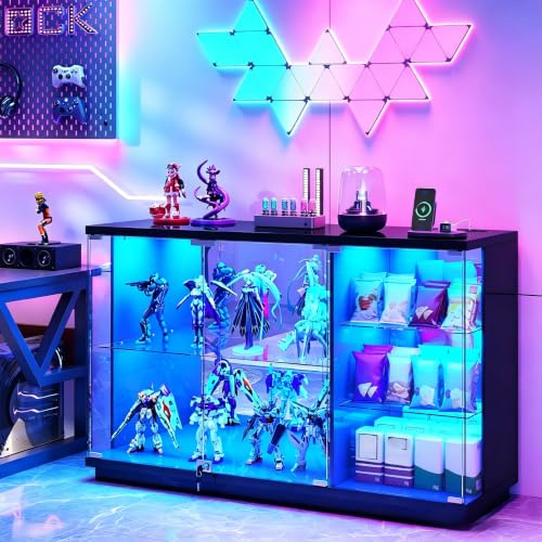High Gloss Glass Display Cabinets with 3 Color Lights for Collectible Black