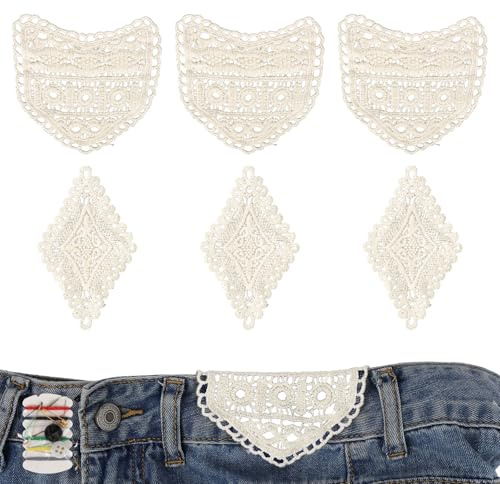 6pcs Pant Waist Extenders, Cotton Lace Waist Extenders with Sewing Kit Soft & Stylish Waistband Extender for Jeans Pants Shorts Skirts (2 Styles)