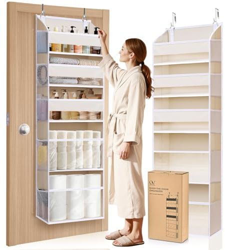 Ordovibe 5 Tiers Over the Door Organizer with 10 Mesh Side Pockets, 44 lbs Weight Capacity Closet Hanging Storage Organizer with Large Clear Window Kids Toys, Shoes, Diapers, Beige