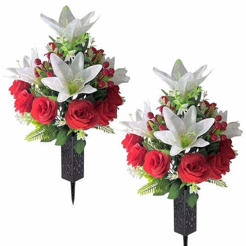 RUMEAVAO 2 Sets Artificial Silk Cemetery Flowers, Memorial Flowers for Gravesite, Red Roses Lily Bouquet, Memorial Day Mother's Day Grave Decorations (Red, White)