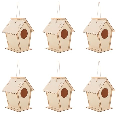 Didiseaon Kit Casetta per Uccelli in Legno da Costruire per 6 Pezzi Non Verniciati con Spago per Appendere Casette Artigianali Preforate per Pittura Creativa e Attività Educative