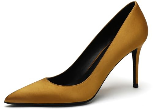 Scarpe Donna Raso Vintage Tacco Stiletto Punta Affusolata Suola Gomma Slip On Tacco Medio 8cm Serata Festa Ballo Damigella Appuntamento Occasioni Speciali Colori Vari,Giallo,33 EU