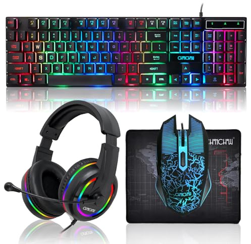 Gaming LED Keyboard Mouse Headset and Mousepad Bundle,Wired Rainbow