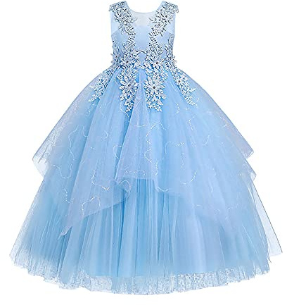 Pageant Dresses for Girls Sleeveless Floral Lace Princess Tulle Tutu Big Little Girls Junior Bridesmaid Dresses Wedding First Communion Pageant Birthday Christmas Party Maxi Prom Gown Blue 13-14 Years