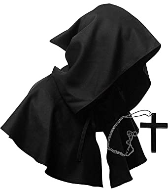 MAKFORT Déguisements Halloween Vintage Médiéval Capot Chapeau Unisexe Médiéval Capot à Capuche Manteau Halloween Poncho Cosplay Costume & Pendentif Croix en Bois