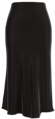 comefohome Black Skirts for Women UK High Hidden Elasticated Waist Satin Midi Ladies Summer Work Party Skirt S