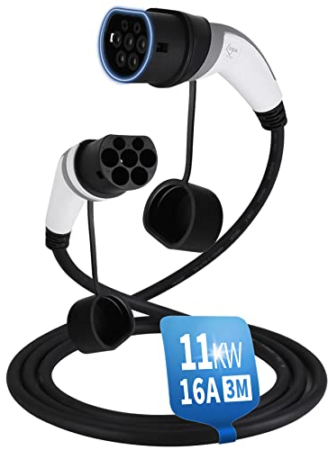 EVIEUN Câble Type 2 de Charge EV Voiture Électrique et Hybrides Rechargeables | Type 2 à Type 2 | 16A 11KW | Triphasé | 3 Mètre | Compatibles avec ID.3 ID.4 Model 3 e-Tron Zoe i3 Leaf e-Golf