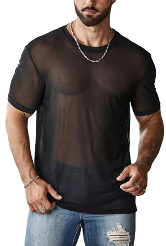 OYOANGLE Men's Sheer Mesh Short Sleeve Round Neck T Shirts Solid Plain See Through Party Tops Black X-Large