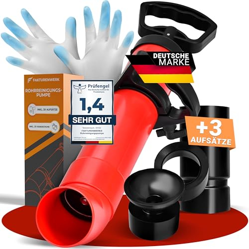 FAKTURENWERK® Rohrreinigungspumpe [Inkl. 3x Aufsätze] - Effektive Abflussreiniger-Pumpe inkl. Handschuhen und 3 Abfluss-Adaptern für Dusche, Toilette, Spüle & Co.