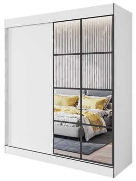 Easy4You S2 180 cm Weiß Schiebetüren Kleiderschrank 180x206x65 cm mit Spiegel - Schlafzimmermöbel, Aufbewahrung - Mehrzweckschrank