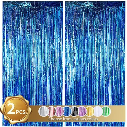 RIBBOOO 2 Pcs Blue Foil Fringe Tinsel Curtains, Metallic Glitter Curtain, Door Streamers for Graduation Stage, Birthday Wedding Baby Shower, Christmas Party Decoration (3.28 ft x 6.56 ft)